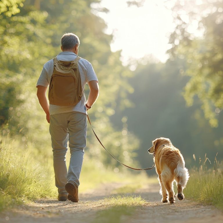Neustart Kurs BLEIB LOCKER! Leinenführigkeit IntensivChristiana Gramlich Hundetrainerin Mann geht mit einem Hund auf einem Waldweg in der Morgensonne.