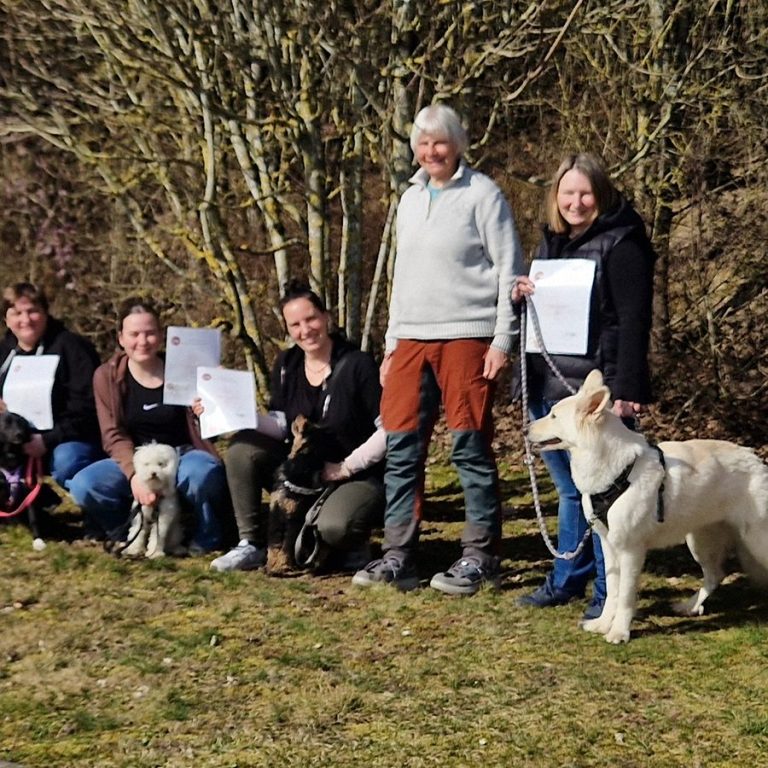 Neustart Kurs Hundeführerschein 2026 Christiana Gramlich Hundetrainerin Sechs Personen mit Hunden stehen draußen und halten Urkunden in den Händen.